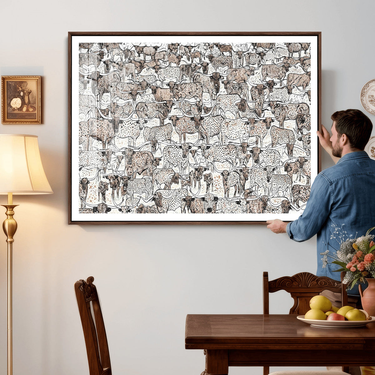 Abstract Texas Cow Wall Art Canvas Print, Farm Longhorn Art for Cabin Decor
