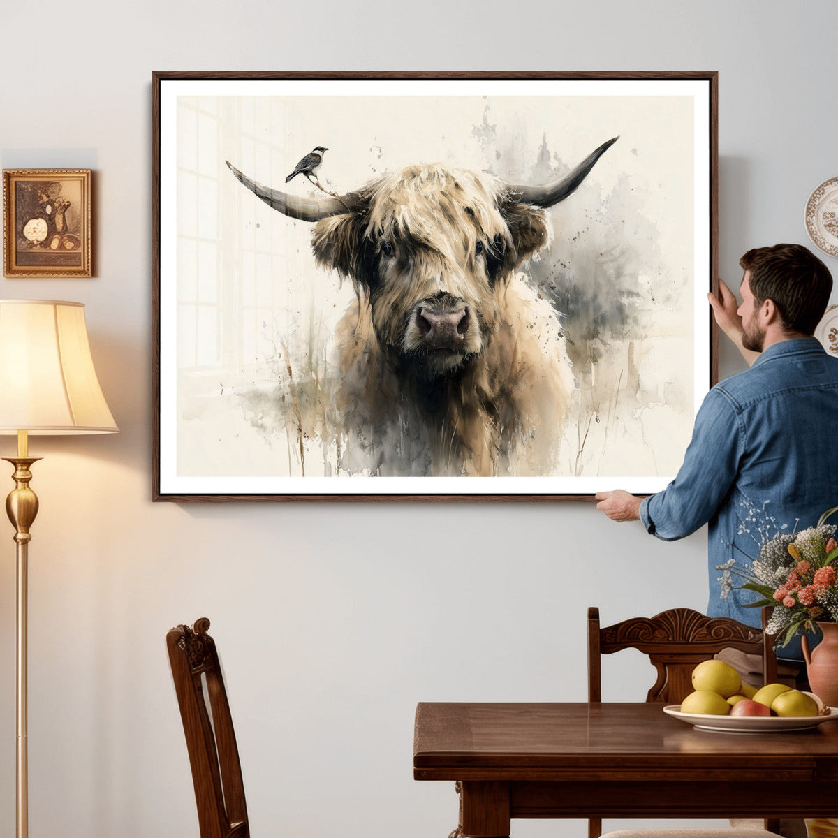Abstract Highland Cow Wall Art Canvas Print, Rustic Farm Cattle Portrait