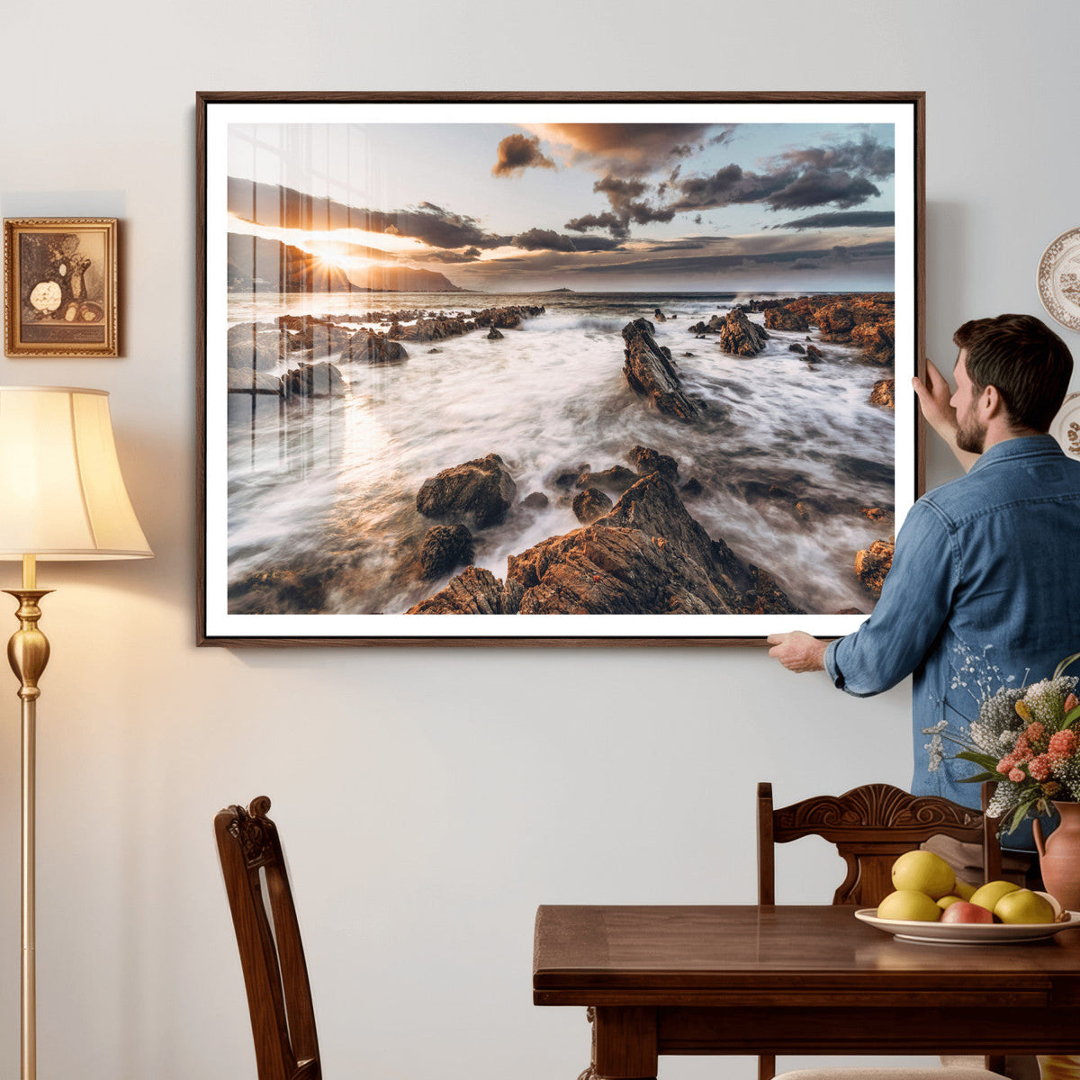 Rocky Coast Ocean Sunset Wall Art Canvas Print, Dramatic Seascape Nature Decor