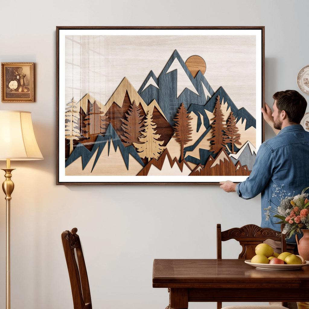 Layered Wooden Mountain Wall Art Canvas Print, Modern Rustic Forest and Pine Landscape