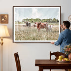 Texas Longhorn Cattle Wall Art Canvas Print, Western Ranch Landscape Decor