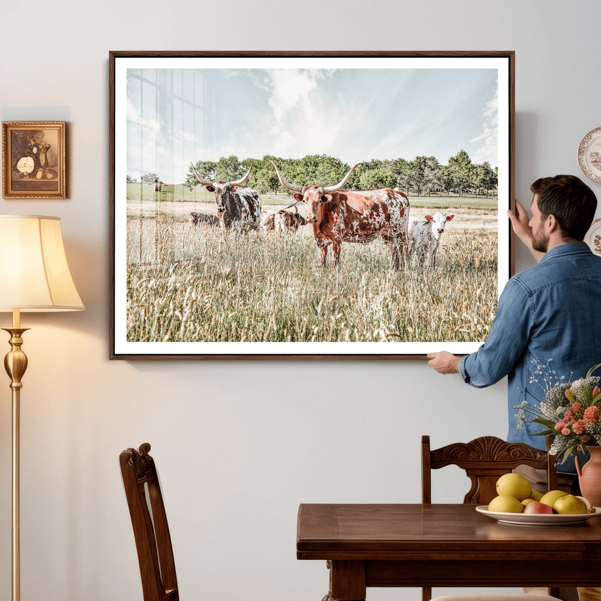Texas Longhorn Cattle Wall Art Canvas Print, Western Ranch Landscape Decor