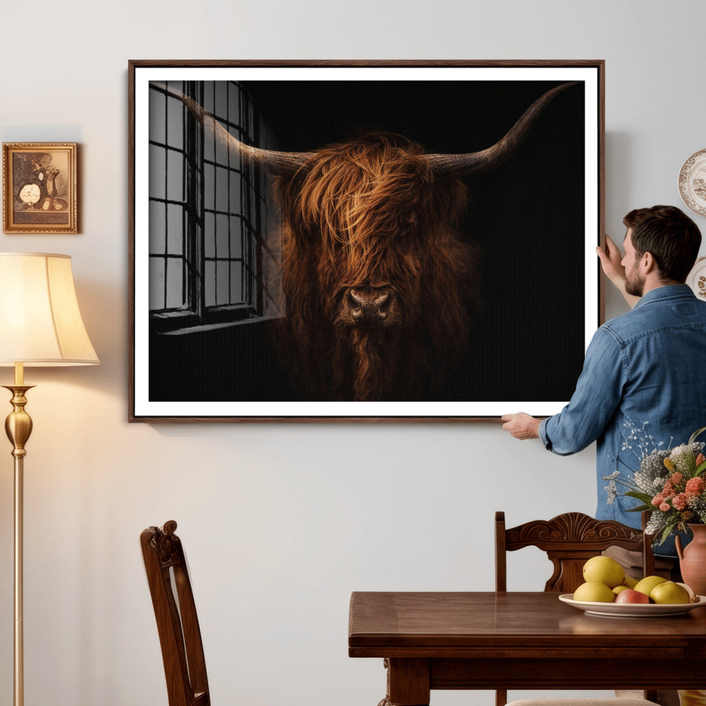 Highland Cow Wall Art Canvas Print | Moody Dark Rustic Farmhouse Portrait