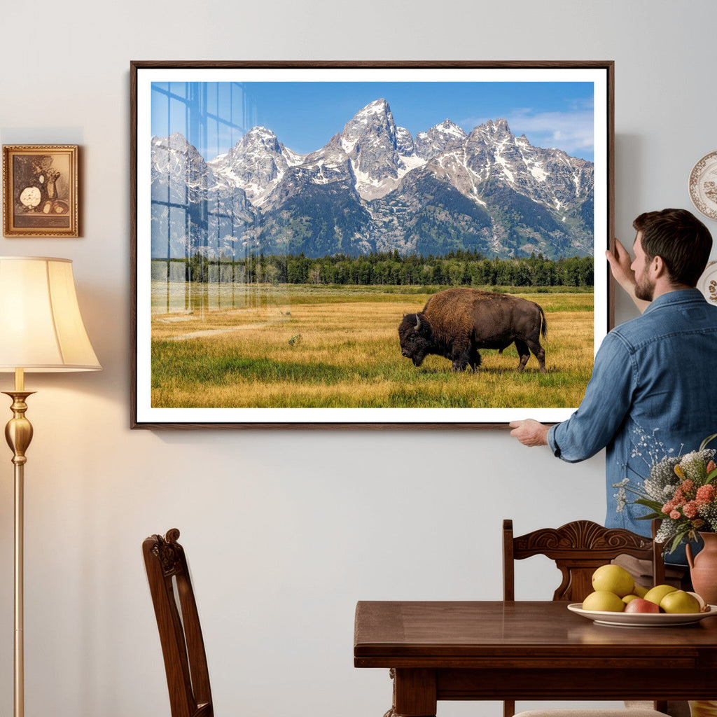Bison in Mountain Landscape Wall Art Canvas Print, Western Decor