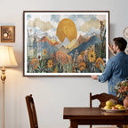 Boho Mountain Landscape Large Wall Art, Horizontal Gold Sun and Flowers Print