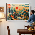 Yayoi Kusama Boho Mountain Landscape Large Wall Art, Gold Sun and Flowers Print