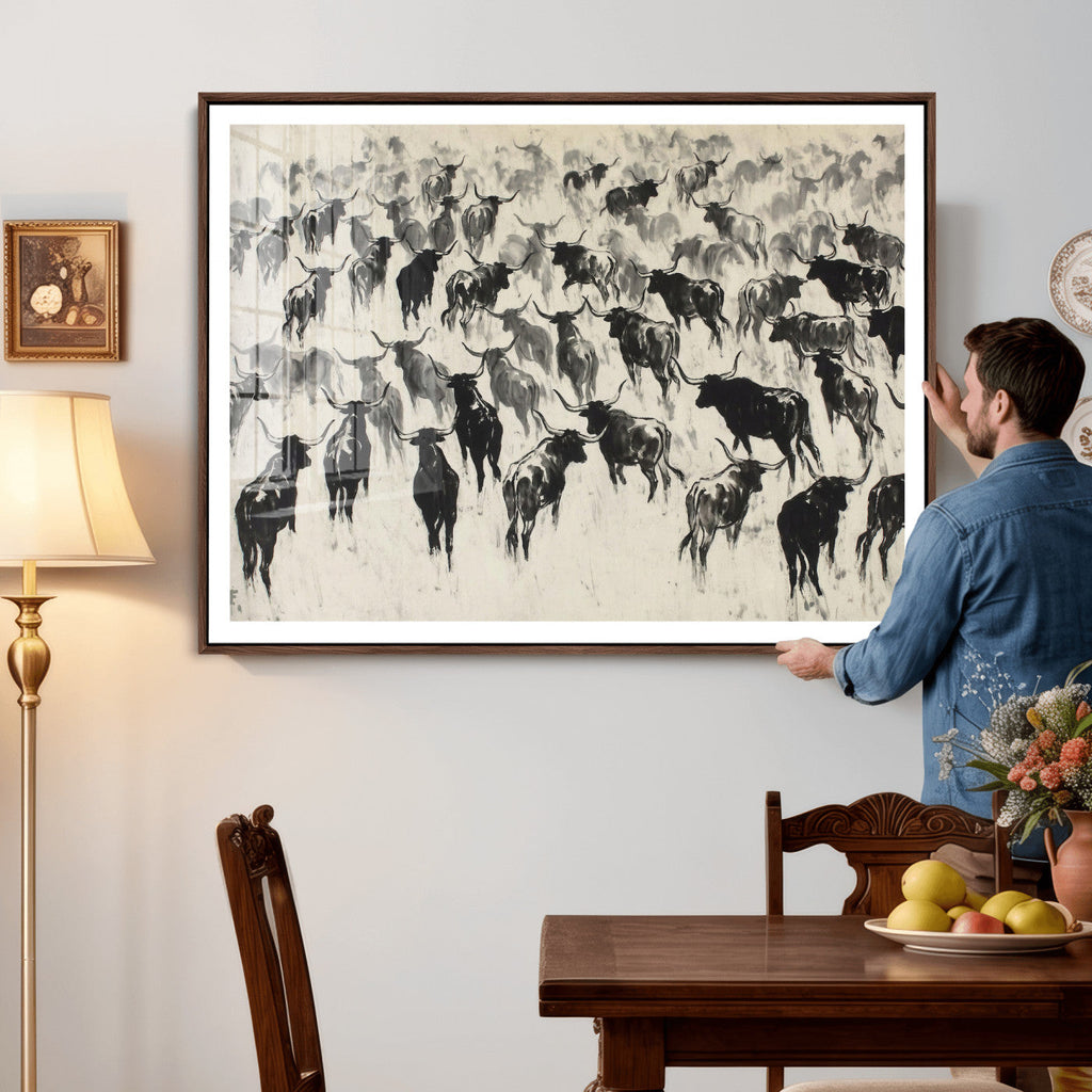 Longhorn Cattle Canvas Wall Art, Black White Stampede Ink