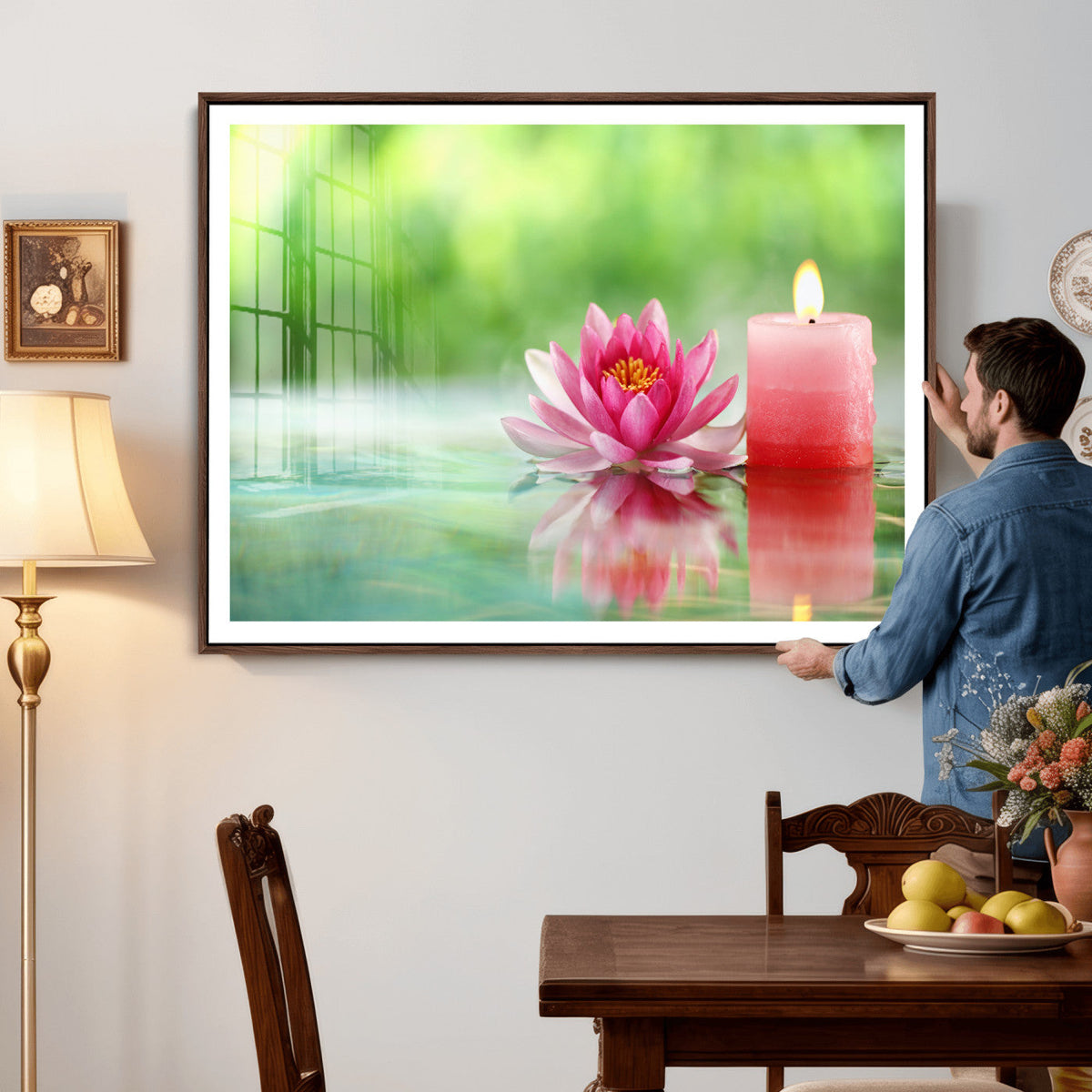 Zen Lotus Candle Canvas Wall Art, Pink Spa Meditation Decor