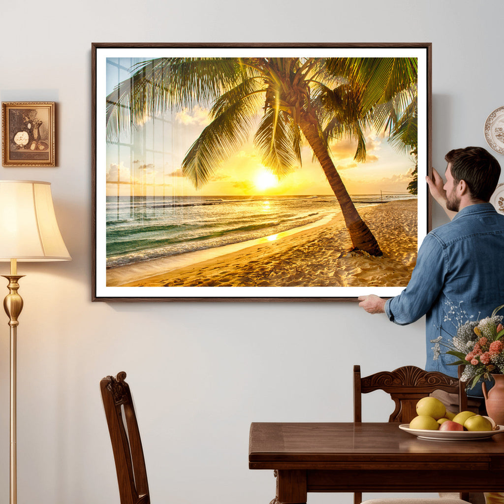 Beach Sunset Canvas Wall Art Print - Tropical Beach Canvas With Palm Trees