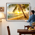 Beach Sunset Canvas Wall Art Print - Tropical Beach Canvas With Palm Trees