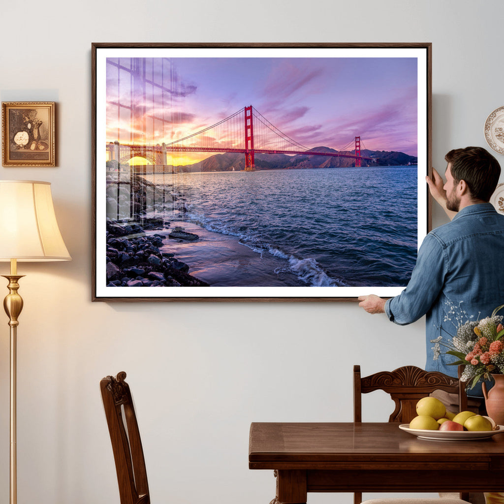 Golden Gate Bridge Wall Art Canvas Print, Framed San Francisco Sunset Landmark