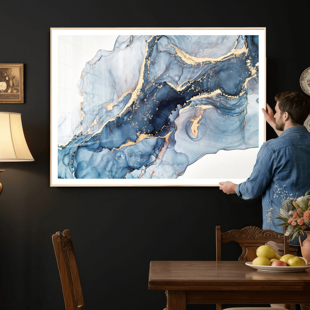 Blue Abstract Canvas Wall Art Print | Fluid Marble Effect Abstract Art