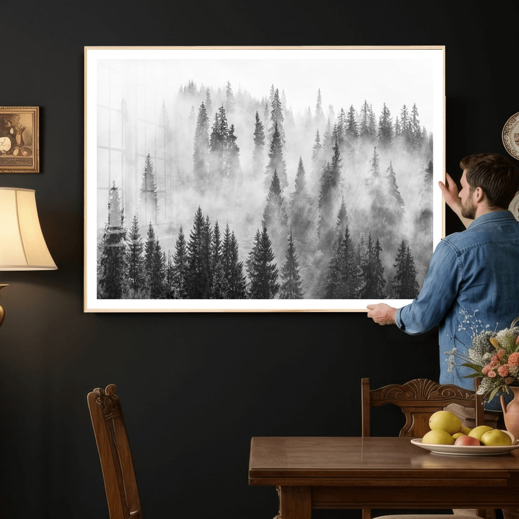 Forest Wall Art Print | Foggy Pine Forest Canvas Wall Art, Black and White Nature Decor