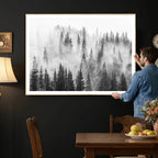 Forest Wall Art Print | Foggy Pine Forest Canvas Wall Art, Black and White Nature Decor