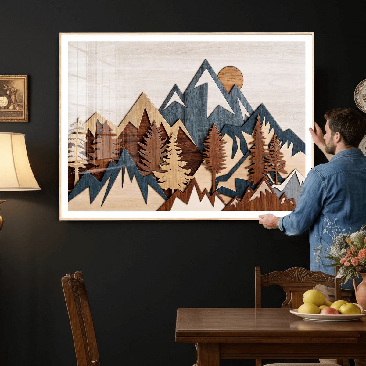 Rustic Abstract Wood Panel Effect Canvas | Mountain Range Top Wood Wall Art Canvas Print