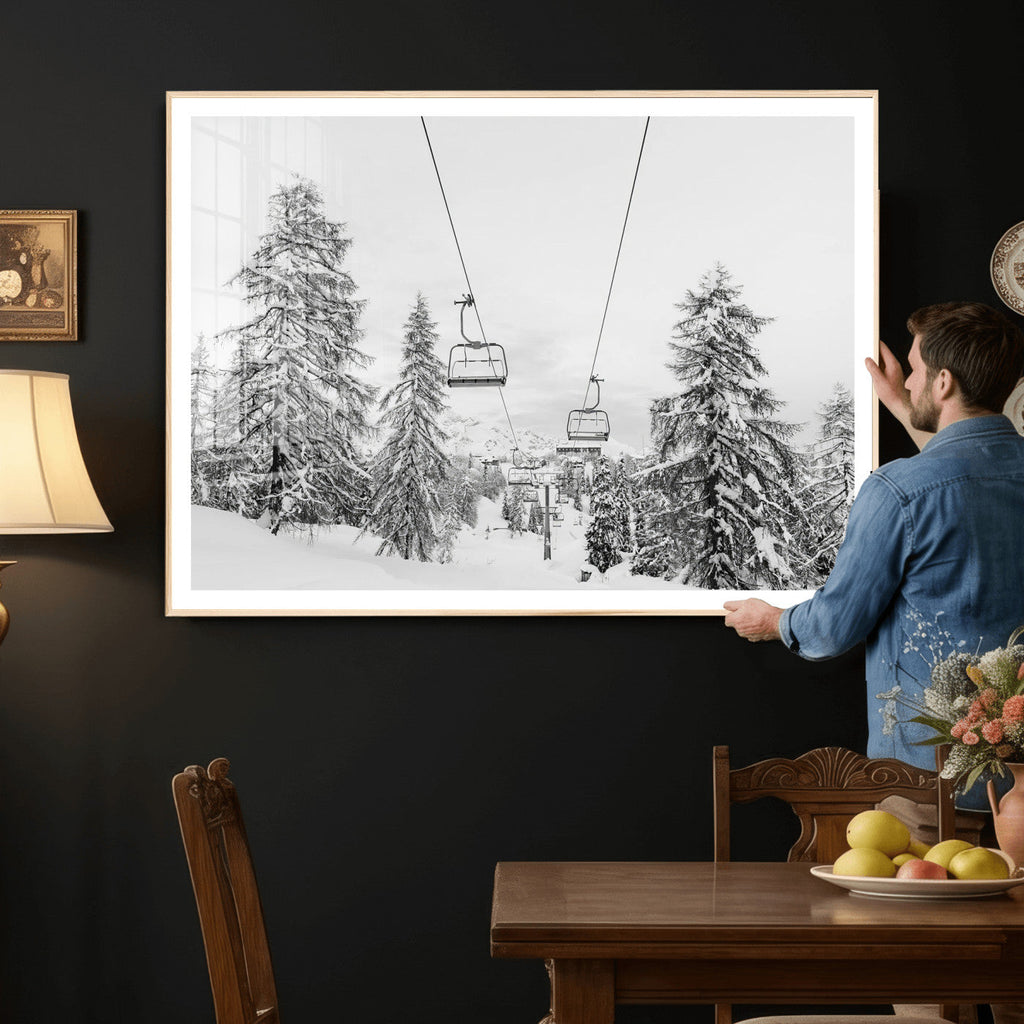 Snowy Ski Lift Wall Art | Framed Winter Forest Canvas