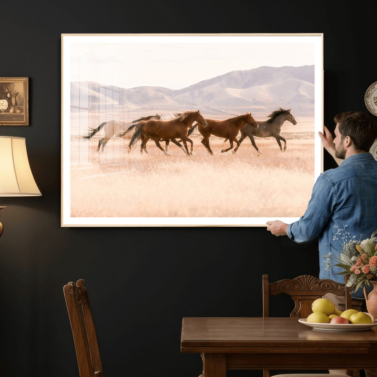 Wild Horse Wall Art Canvas Print, Framed Rustic Western Art, Desert Horse Scene