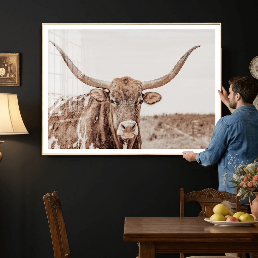 Longhorn Cow Wall Art Canvas Print, Framed Texas Ranch Print, Western Bull Art, Cowboy Decor