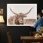 Longhorn Cow Wall Art Canvas Print, Framed Texas Ranch Print, Western Bull Art, Cowboy Decor