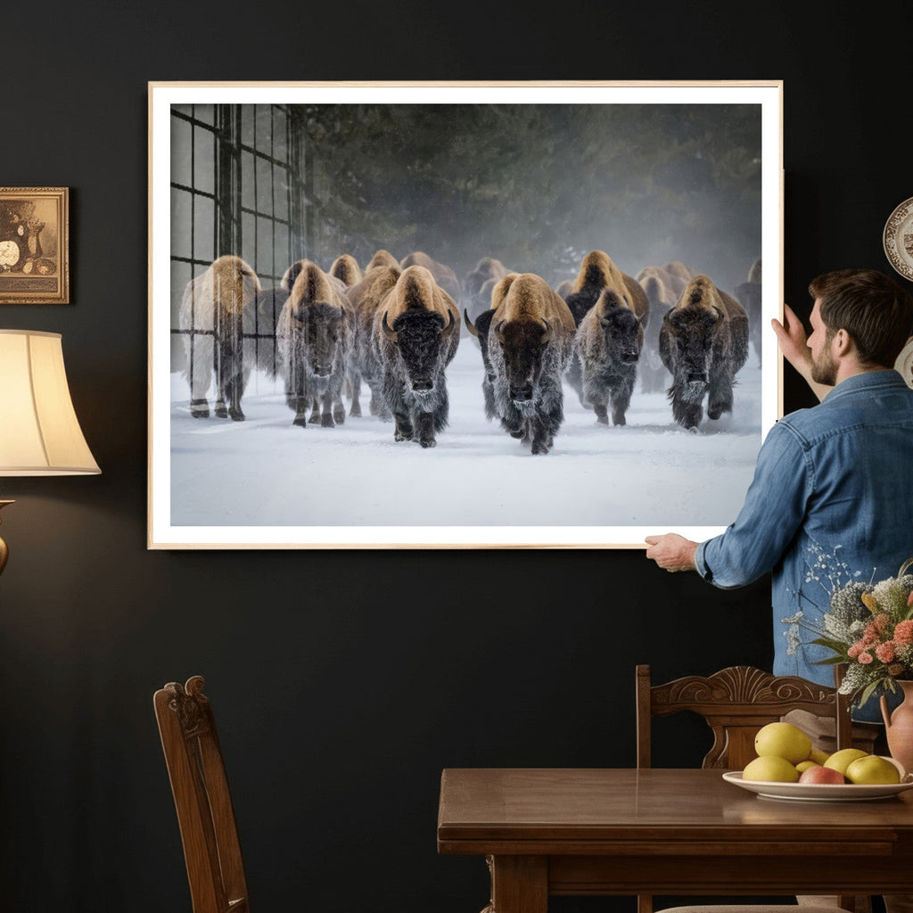 Bison Herd Wall Art Canvas Print, Framed Rustic Wildlife Decor, Snowy Bison Landscape