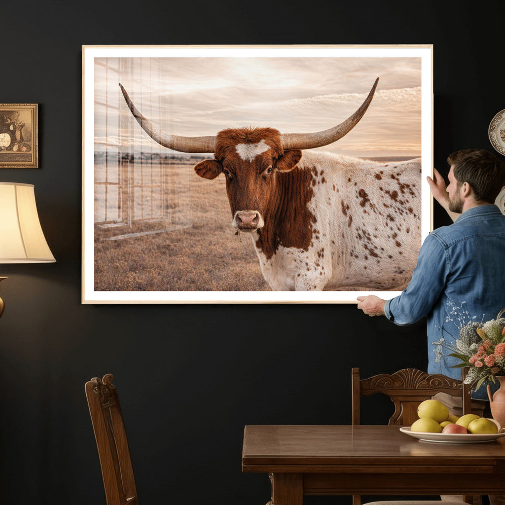 Texas Longhorn Cow Canvas Wall Art, Majestic Bull on a Rustic Western Farm