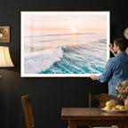 Sunset Surfing Wall Art Canvas Print, Ocean Wave Surfer with Golden Sky