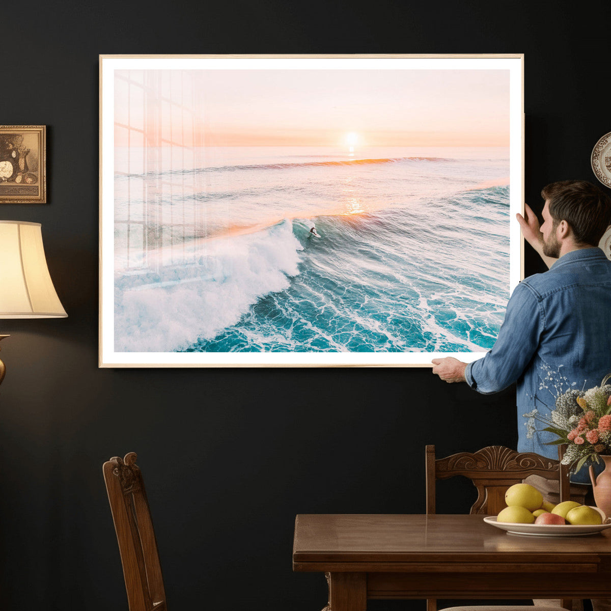 Sunset Surfing Wall Art Canvas Print, Ocean Wave Surfer with Golden Sky