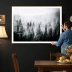 Foggy Forest Wall Art Canvas Print, Mountain Woodland Landscape, Minimal Nature Decor