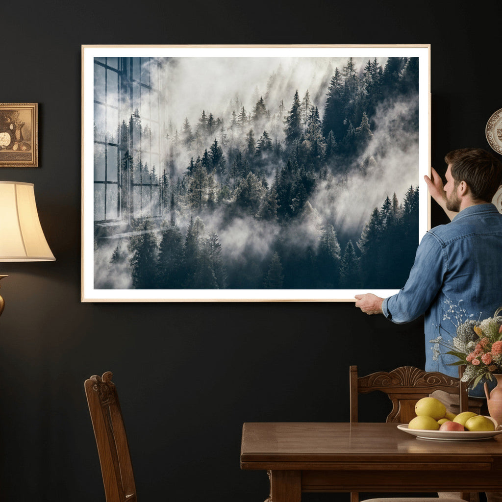 Foggy Mountain Forest Canvas Print, Misty Pine Trees Nature Wall Art
