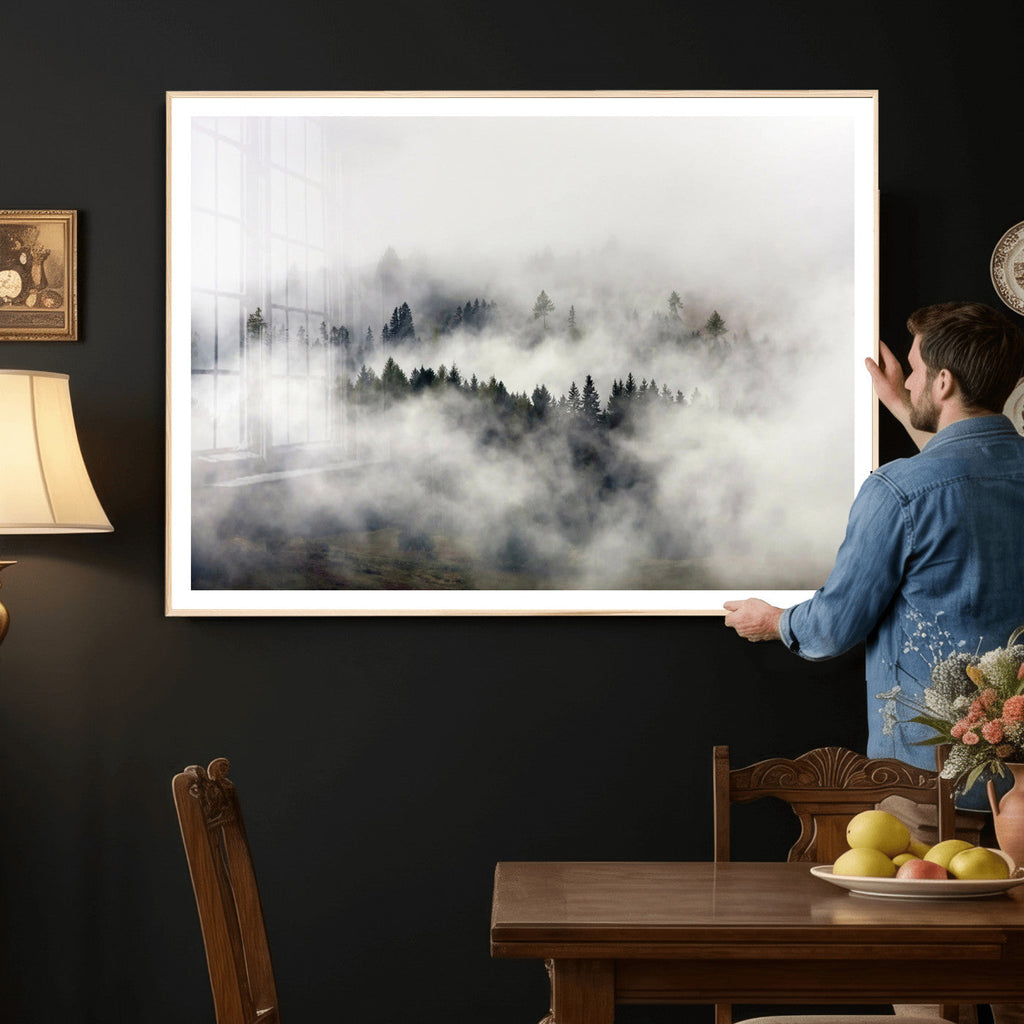 Foggy Forest Wall Art Canvas Print, Misty Pine Tree Landscape