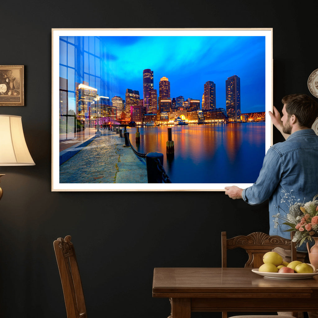 Boston Wall Art Canvas Print, Boston City Downtown Night Cityscape