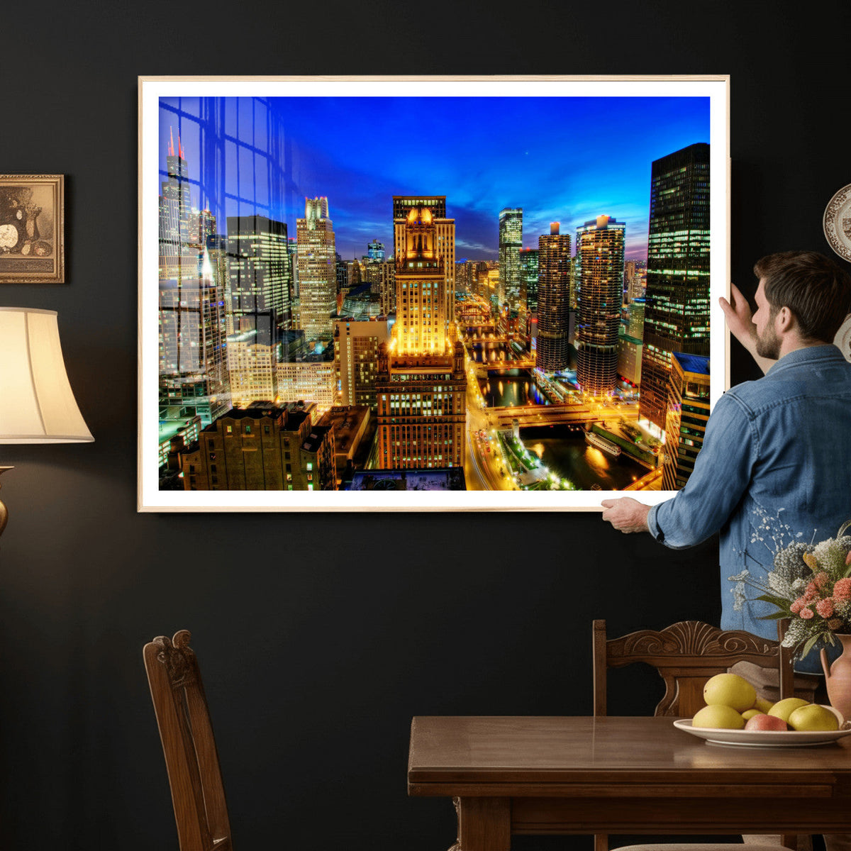 Chicago Wall Art Canvas Print - Chicago City Downtown Night Cityscape