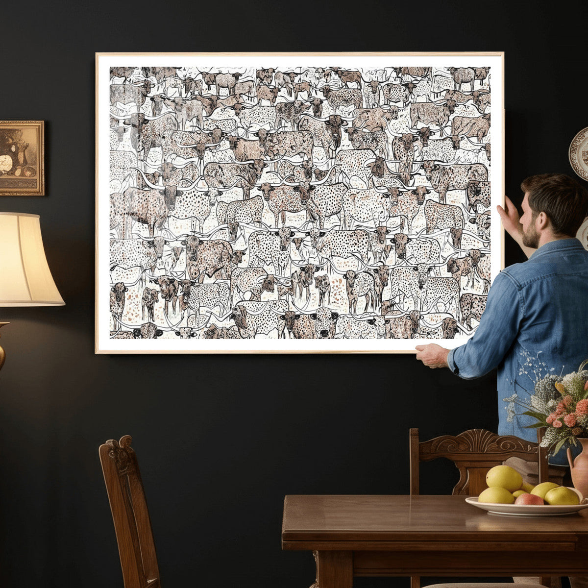 Abstract Texas Cow Wall Art Canvas Print, Farm Longhorn Art for Cabin Decor