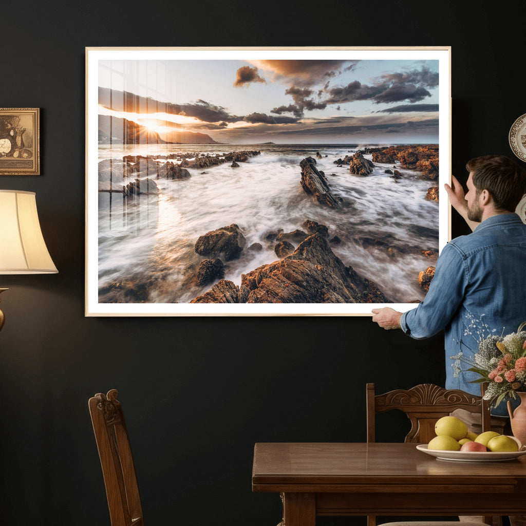 Rocky Coast Ocean Sunset Wall Art Canvas Print, Dramatic Seascape Nature Decor