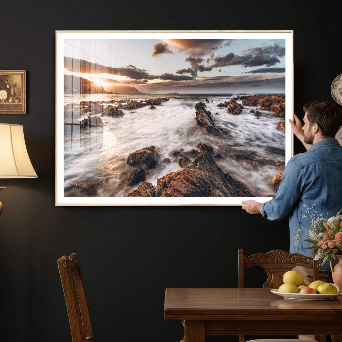 Rocky Coast Ocean Sunset Wall Art Canvas Print, Dramatic Seascape Nature Decor