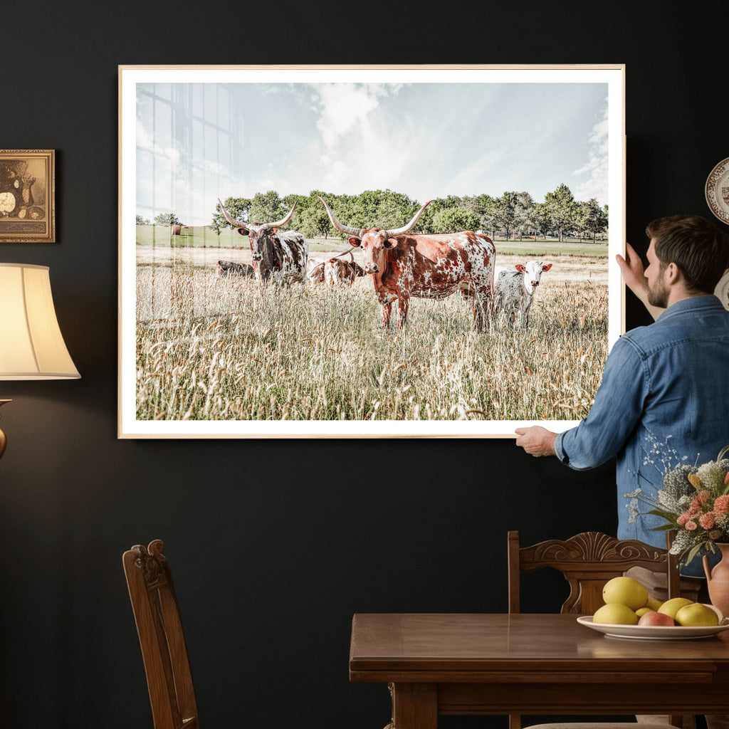 Texas Longhorn Cattle Wall Art Canvas Print, Western Ranch Landscape Decor