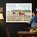 Texas Longhorn Cattle Wall Art Canvas Print, Western Ranch Landscape Decor