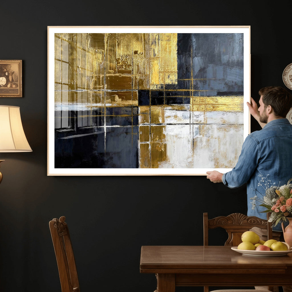 Gold Navy Abstract Wall Art Canvas Print, Modern Luxury Geometric Art for Living Room and Office