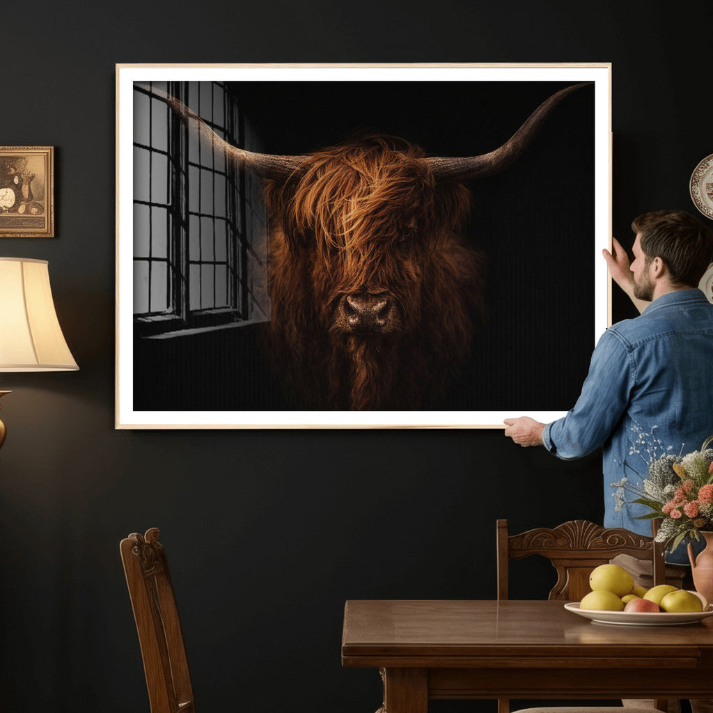Highland Cow Wall Art Canvas Print | Moody Dark Rustic Farmhouse Portrait