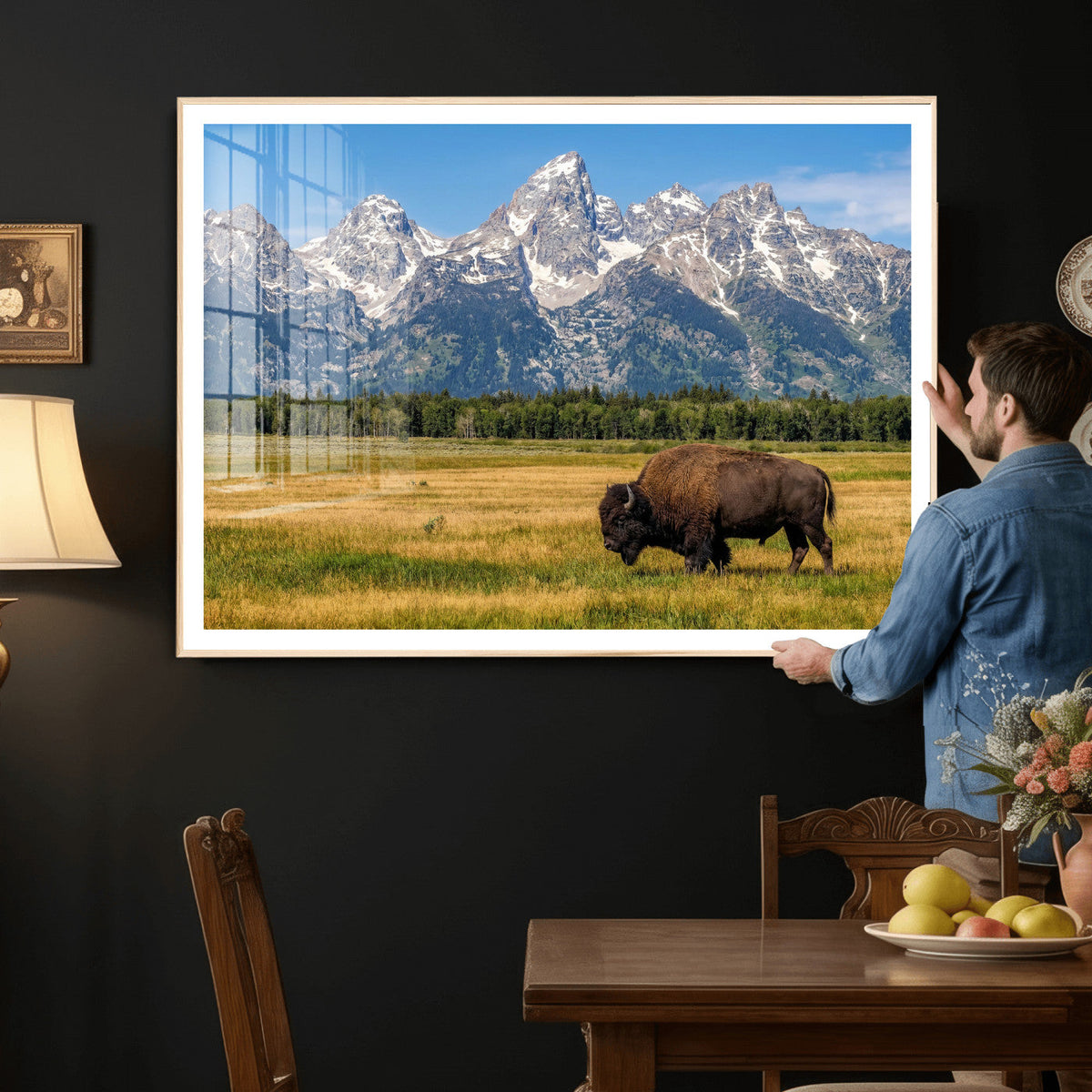 Bison in Mountain Landscape Wall Art Canvas Print, Western Decor