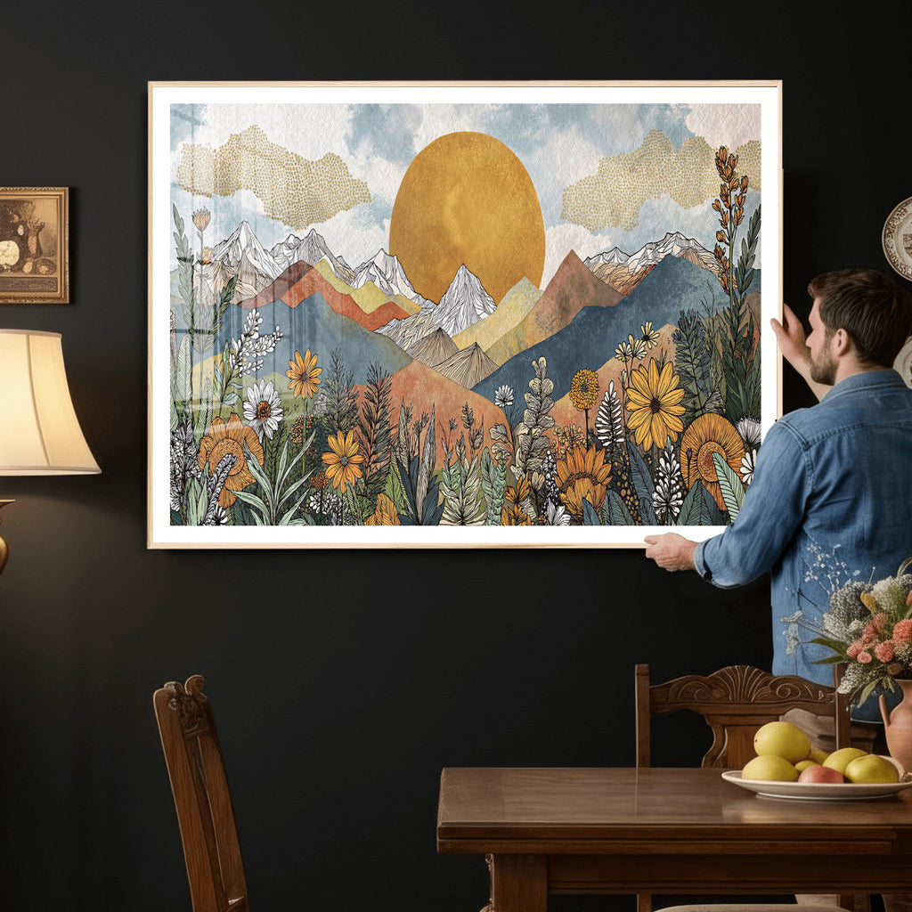 Boho Mountain Landscape Large Wall Art, Horizontal Gold Sun and Flowers Print
