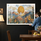 Boho Mountain Landscape Large Wall Art, Horizontal Gold Sun and Flowers Print