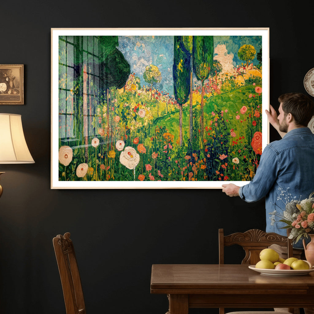 Gustav Klimt Boho Mountain Landscape Large Wall Art, Gold Sun and Flowers Print