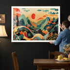 Yayoi Kusama Boho Mountain Landscape Large Wall Art, Gold Sun and Flowers Print