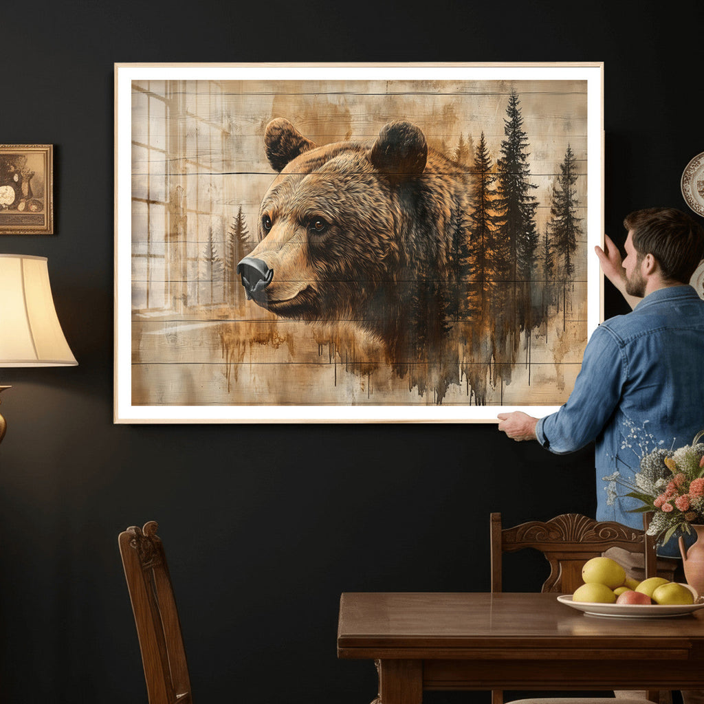 Rustic Grizzly Bear Wall Art, Abstract Grizzly 399 Bear Canvas Print, Woodland Wildlife