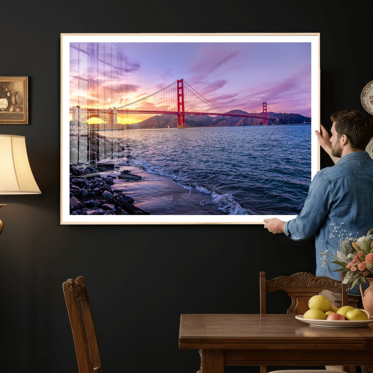 Golden Gate Bridge Wall Art Canvas Print, Framed San Francisco Sunset Landmark