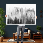 Forest Wall Art Print | Foggy Pine Forest Canvas Wall Art, Black and White Nature Decor