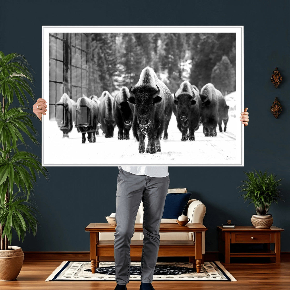 Bison Herd in Snow Wall Art Canvas Print | Rustic Western Bison Wall Art for Living Room and Farmhouse Decor