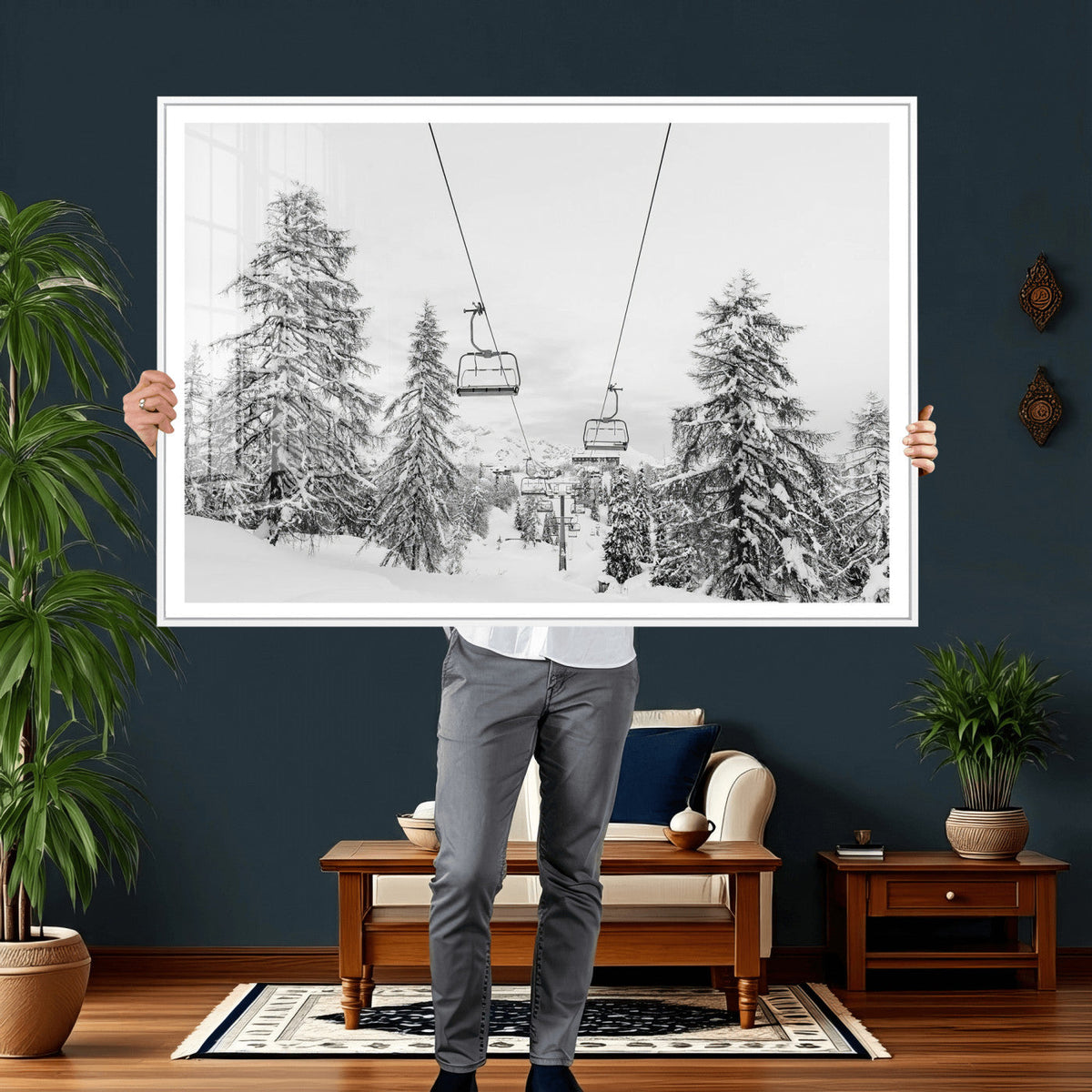 Snowy Ski Lift Wall Art | Framed Winter Forest Canvas