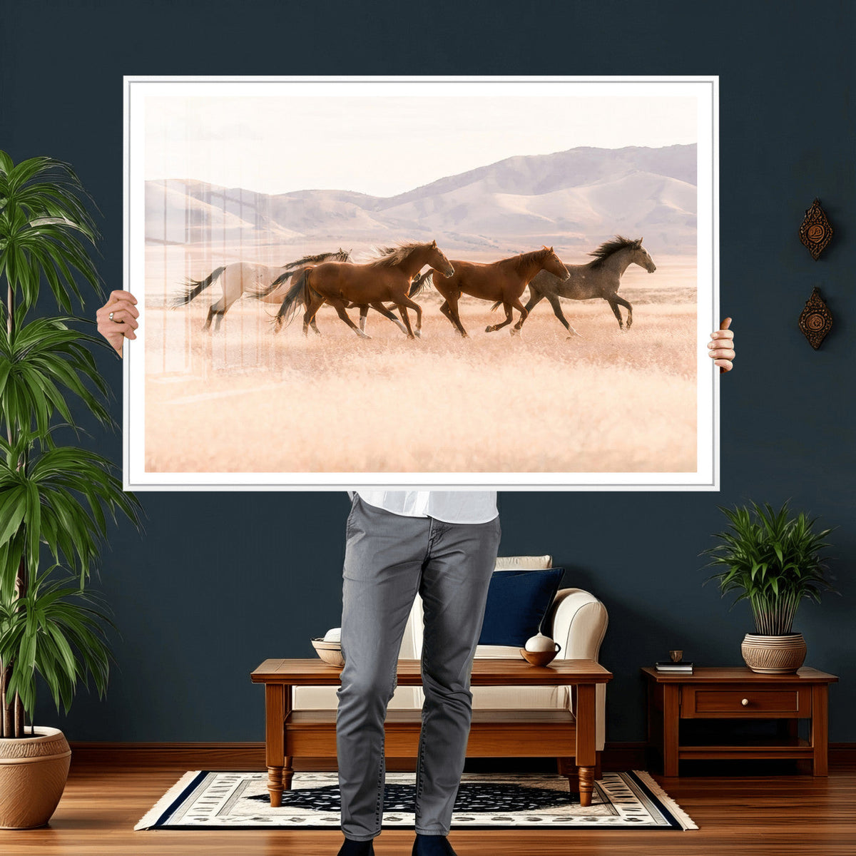 Wild Horse Wall Art Canvas Print, Framed Rustic Western Art, Desert Horse Scene